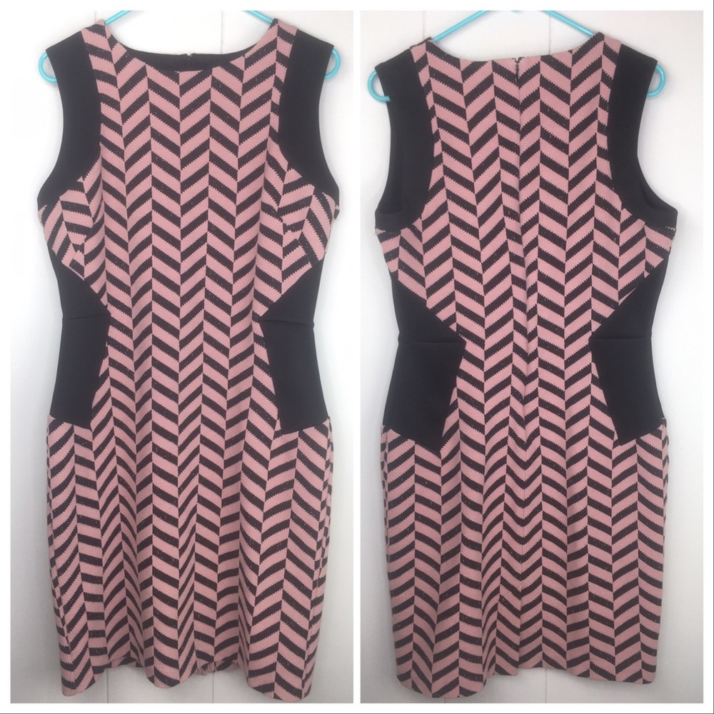L Pink Black Offset Chevron Knit Waist Panel Dress